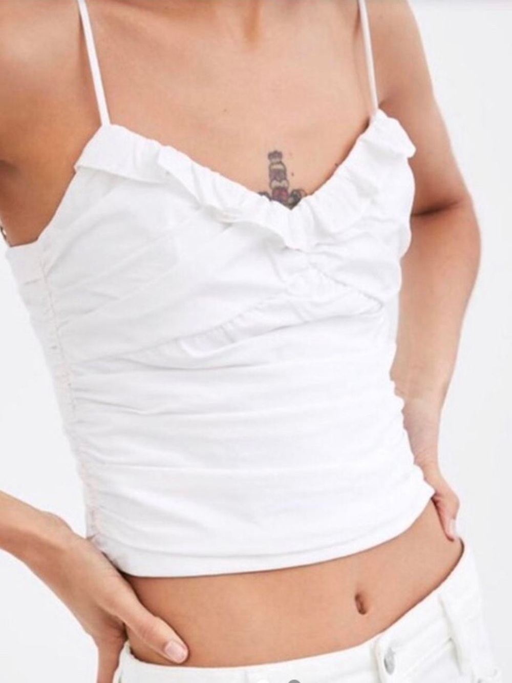 Zara White Ruffled Ruched Cami Top - Spaghetti Straps